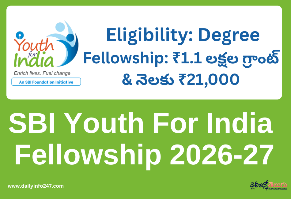 SBI YOUTH FOR INDIA FELLOWSHIP 2026-27 | Eligibility: Degree | Fellowship: 3 Lakhs+ Per year