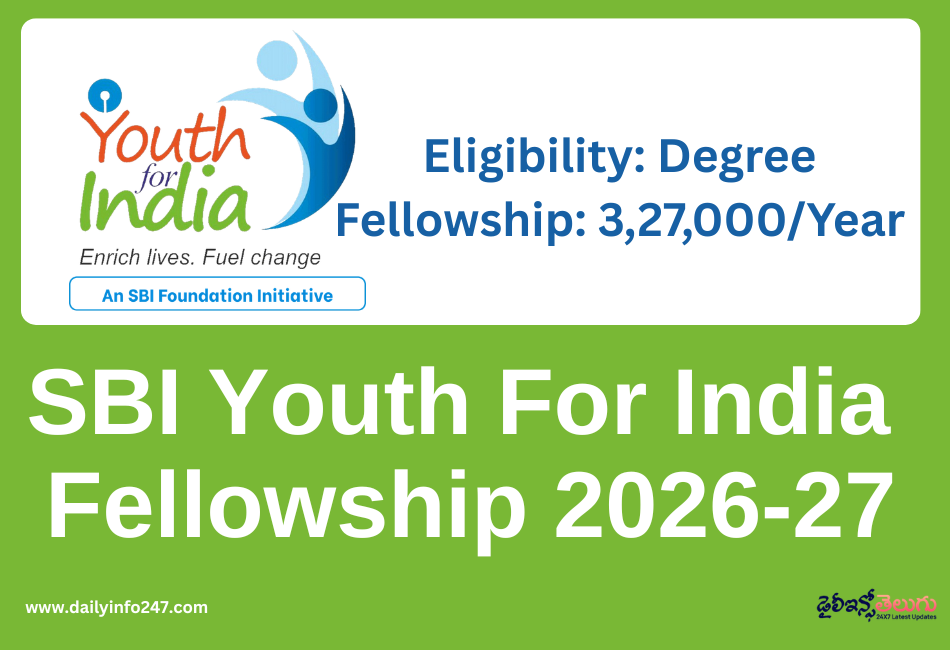 SBI YOUTH FOR INDIA FELLOWSHIP 2026-27 Eligibility Degree Fellowship 3,27,000 Per year
