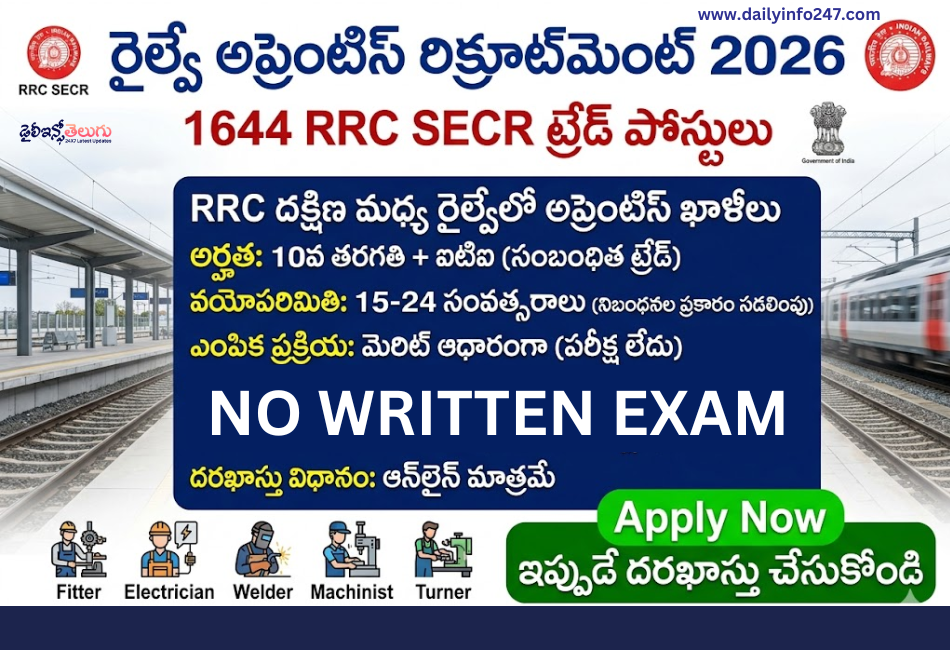 Railway Apprentice Recruitment 2026 - Apply Online for 1644 RRC SECR Trade Posts